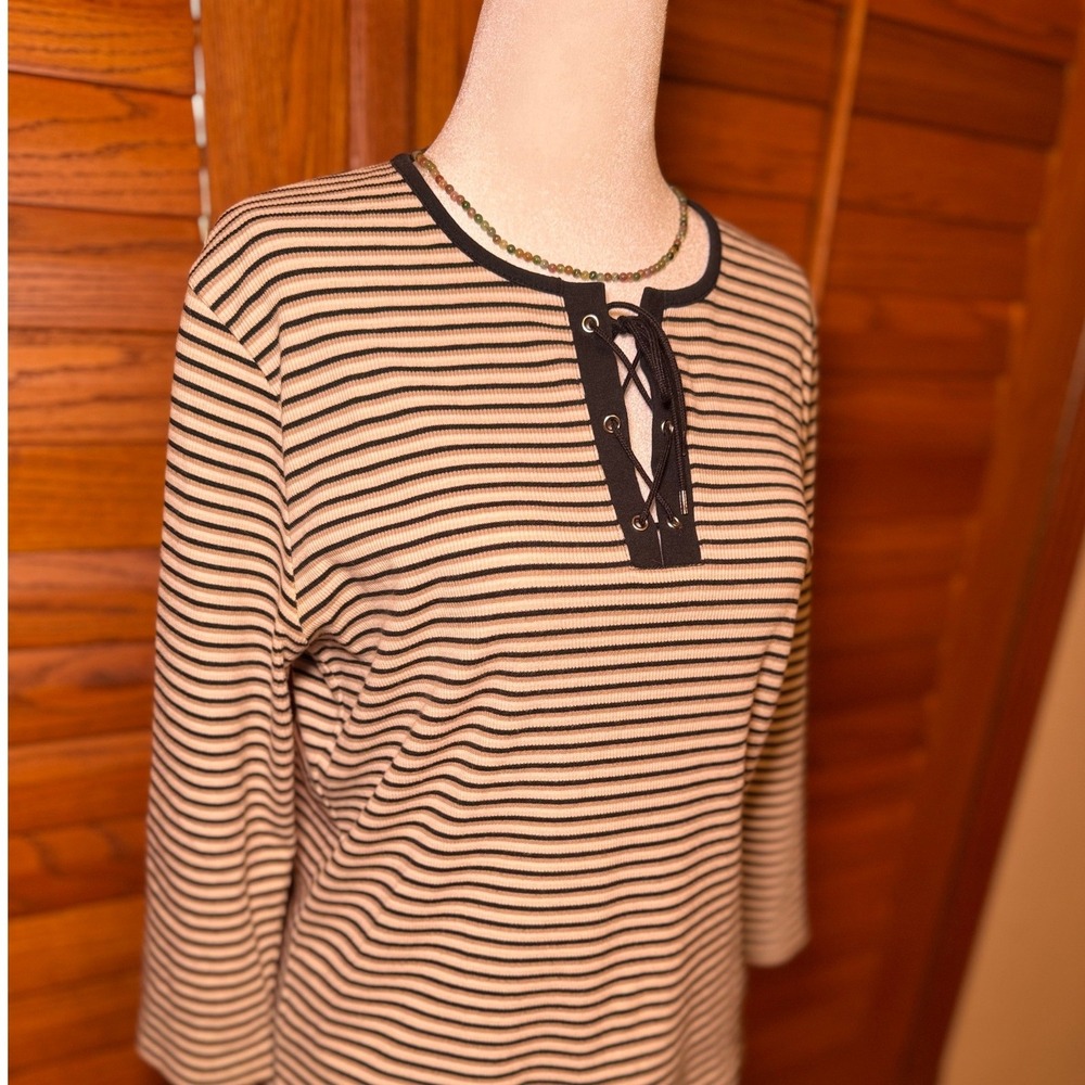 IB Diffusion Tan Black Striped Lace Up Grommet Ribbed Top Large